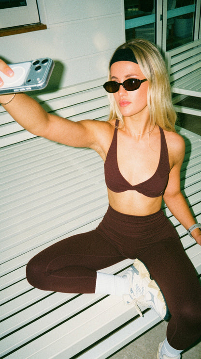 Espresso cross strap sports bra