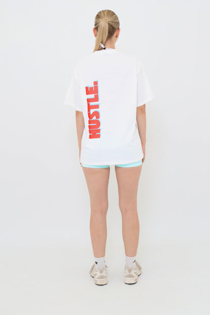 hustle white oversized tee