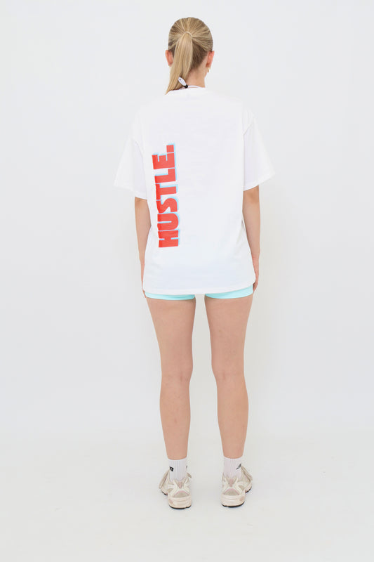hustle white oversized tee